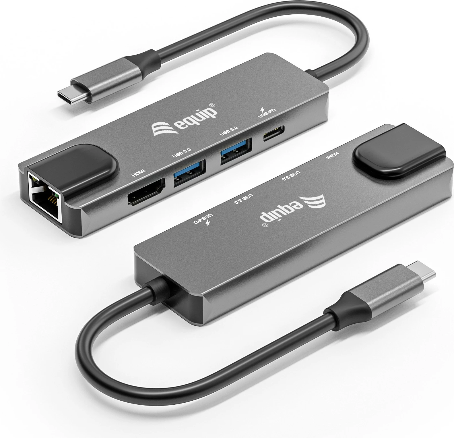 Adapter multifunksional USB-C Equip 133489, 5 porte, HDMI, Gigabit LAN, 100W PD, Gri
