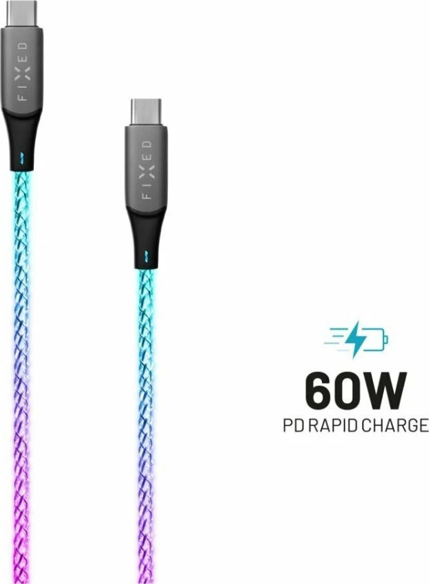 Kabllo USB-C në USB-C Fixed FIXDLED-CC-RA 1.2 m 60W PD me RGB, Multicolor, me shirit velcro + organizues vetëngjitës