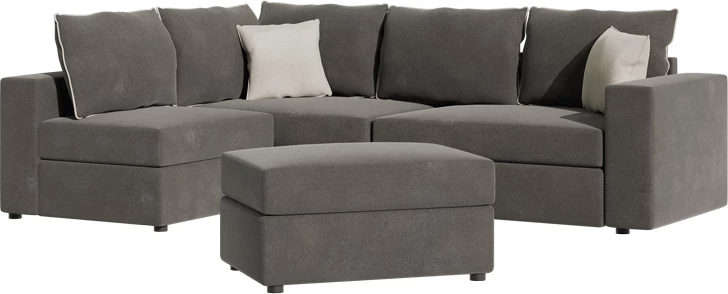 Divan polymorfik i kthyeshëm London, pëlhurë gri, jastëkë gri të çelët, 296x246x95 cm