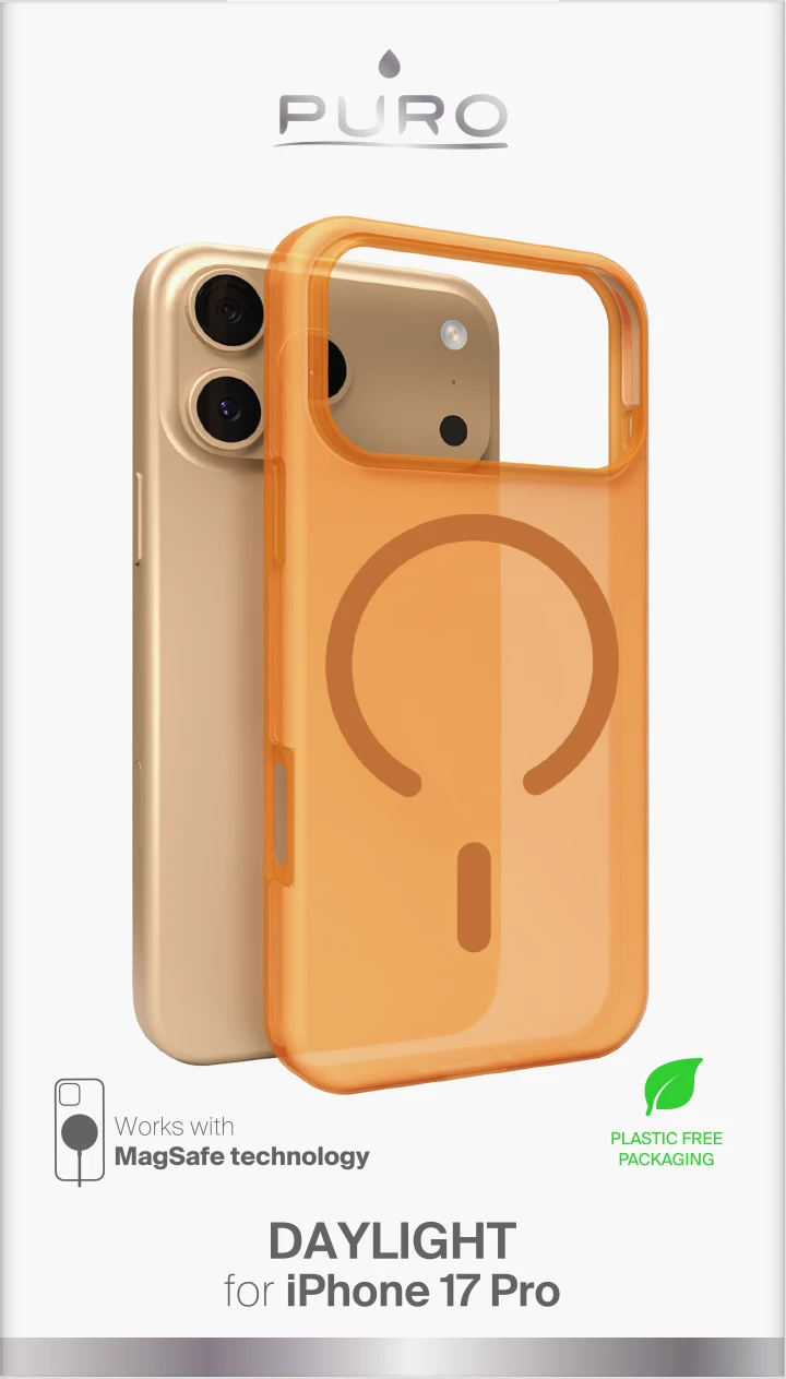 Mbështjellës Puro Daylight për iPhone 17 Pro, MagSafe, silikon Liquid + polikarbonat, 1 mm, portokalli gjysmë-transparent