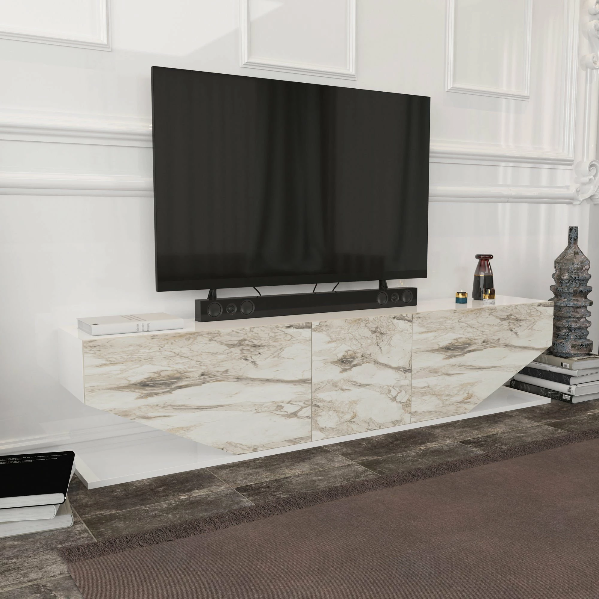 Komodë TV Hanah Home, Inci, ngjyrë mermeri e bardhë