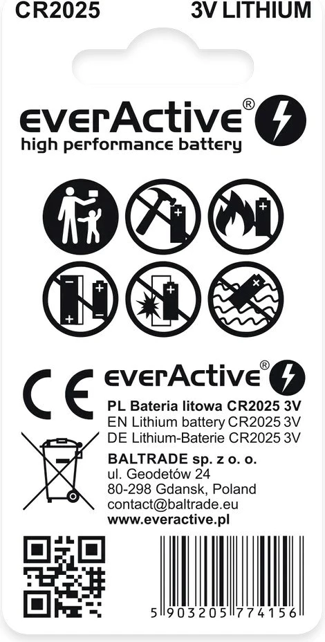 Bateri litium everActive CR2025, 2 copë, argjend