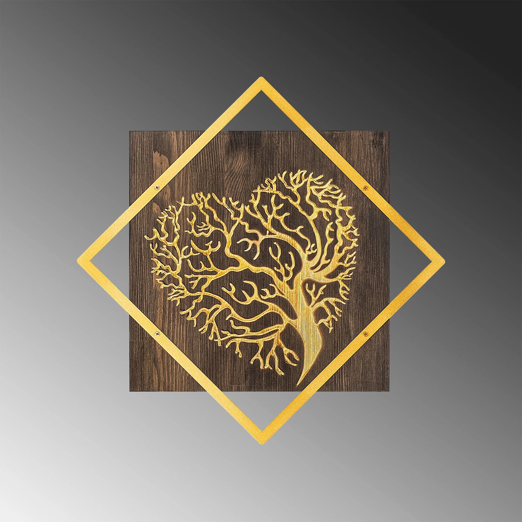 Aksesor dekorativ për mur, dru dhe metal, ngjyrë arre dhe ari, Wallity, pemë v3, 54x54cm
