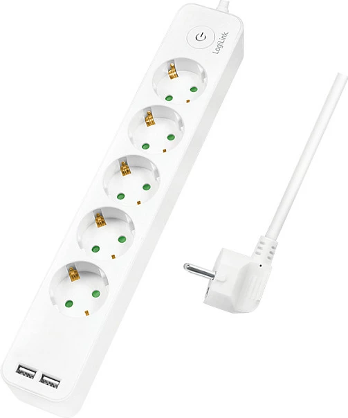 Zgjatues rryme LogiLink 5-prizë, 1.5m, 2xUSB 5V/2.1A max, i bardhë