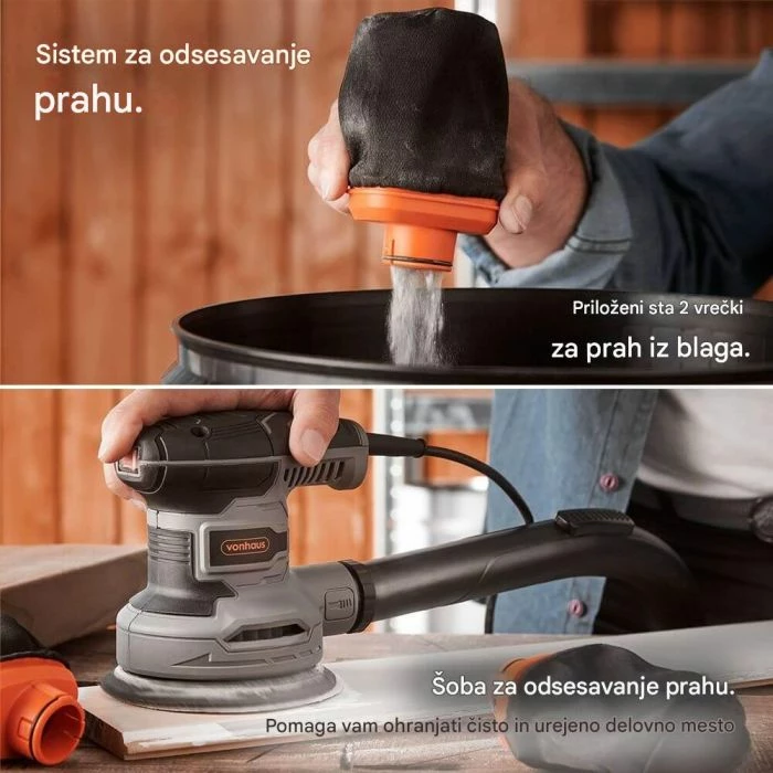 Lëmues ekscentrik VonHaus 3500323, 300 W, disk 125 mm, 6 shpejtësi 7,000–14,000 rpm, kabllo 3 m, me 12 letra zmerile + 2 thasë pluhuri, zi/portokalli/gri