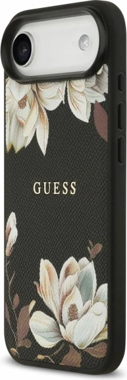 Kapak telefoni Guess Grained Flowers Classic Logo MagSafe për iPhone Air, i zi