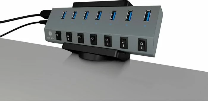 Mbajtës tavoline për HUB/docking station ICYBOX IB-MSA106-HH, alumin/çelik, kapacitet 2 kg, montim me vidë M4 ose bazë vetëngjitëse, antracit