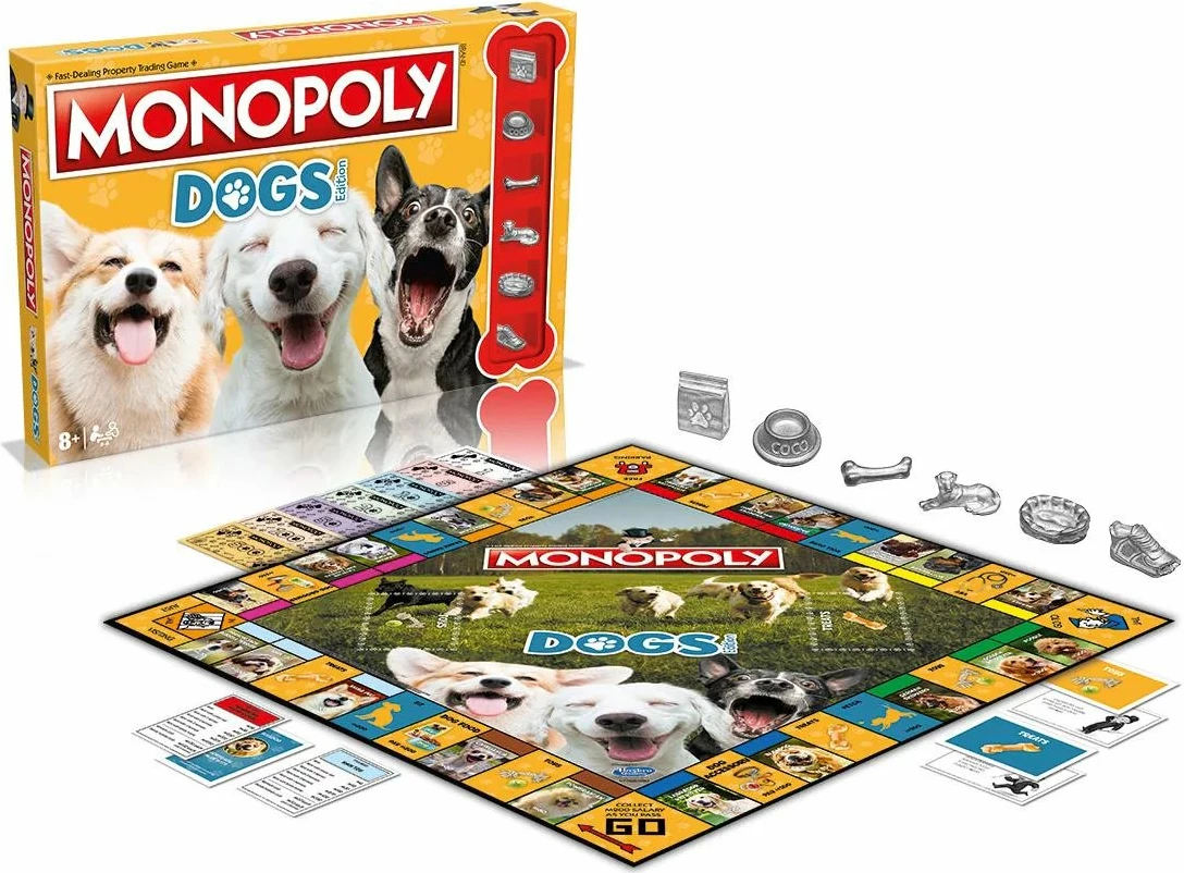 Lojë tavoline Winning Moves Monopoly Dogs Edition, 2-6 lojtarë, 8+, anglisht, me 6 figura metalike