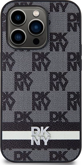 Mbështjellës DKNY Leather Checkered Mono Pattern & Printed Stripes për iPhone 14 Pro, i zi