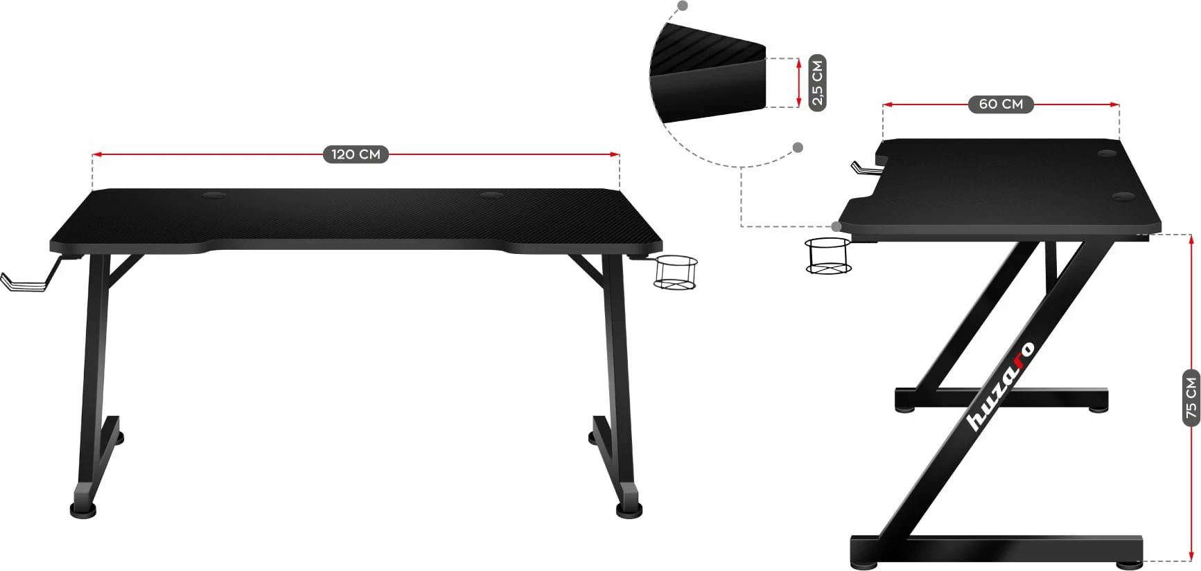 Tavolinë gaming Huzaro Hero 2.5 120 x 60 cm, e zezë