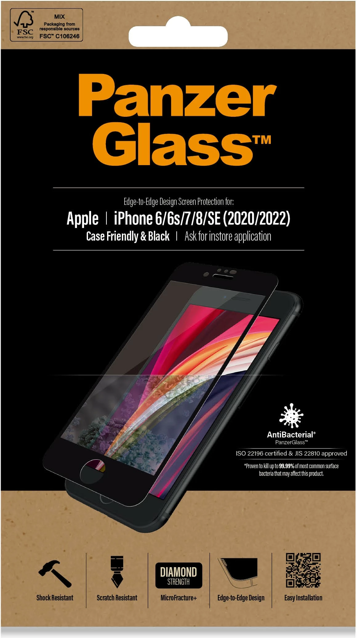 Mbështjellës ekrani PanzerGlass për iPhone 6/7/8/SE 2020/2022, transparent, kornizë e zezë