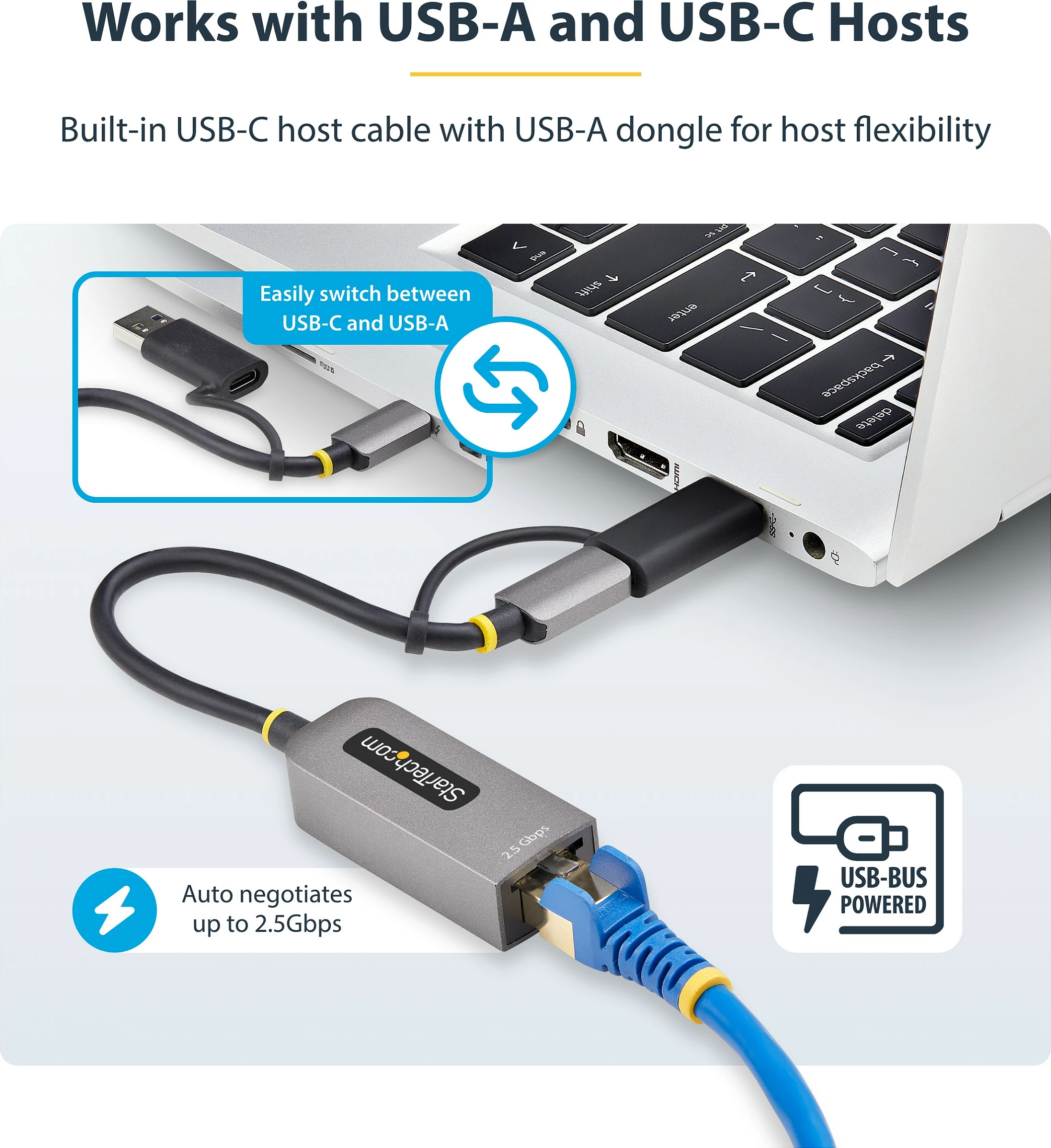 Adapter rrjeti StarTech USB-C në Ethernet 2.5GbE, Realtek RTL8156BG, me konvertues USB-A, 15cm, gri