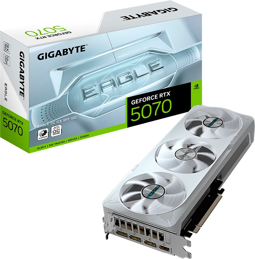 Kartë grafike GIGABYTE GeForce RTX 5070 EAGLE OC ICE SFF 12G, 12GB GDDR7, 192-bit, PCIe 5.0, 3x DP, 1x HDMI, E bardhë