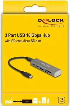 USB-C Hub DeLOCK 3-Port, 10Gbps, me lexues SD/MicroSD, gri
