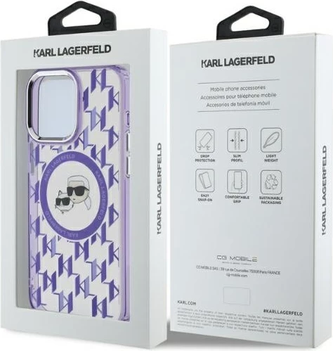 Mbështjellës Karl Lagerfeld IML Monogram Karl & Choupette Head MagSafe për iPhone 15 Pro Max, vjollcë
