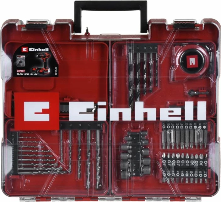 Shurubillë pa kabllo Einhell TE-CD 18/40 Li-i +64, e zezë/e kuqe, set me 2 bateri dhe 64 pjesë