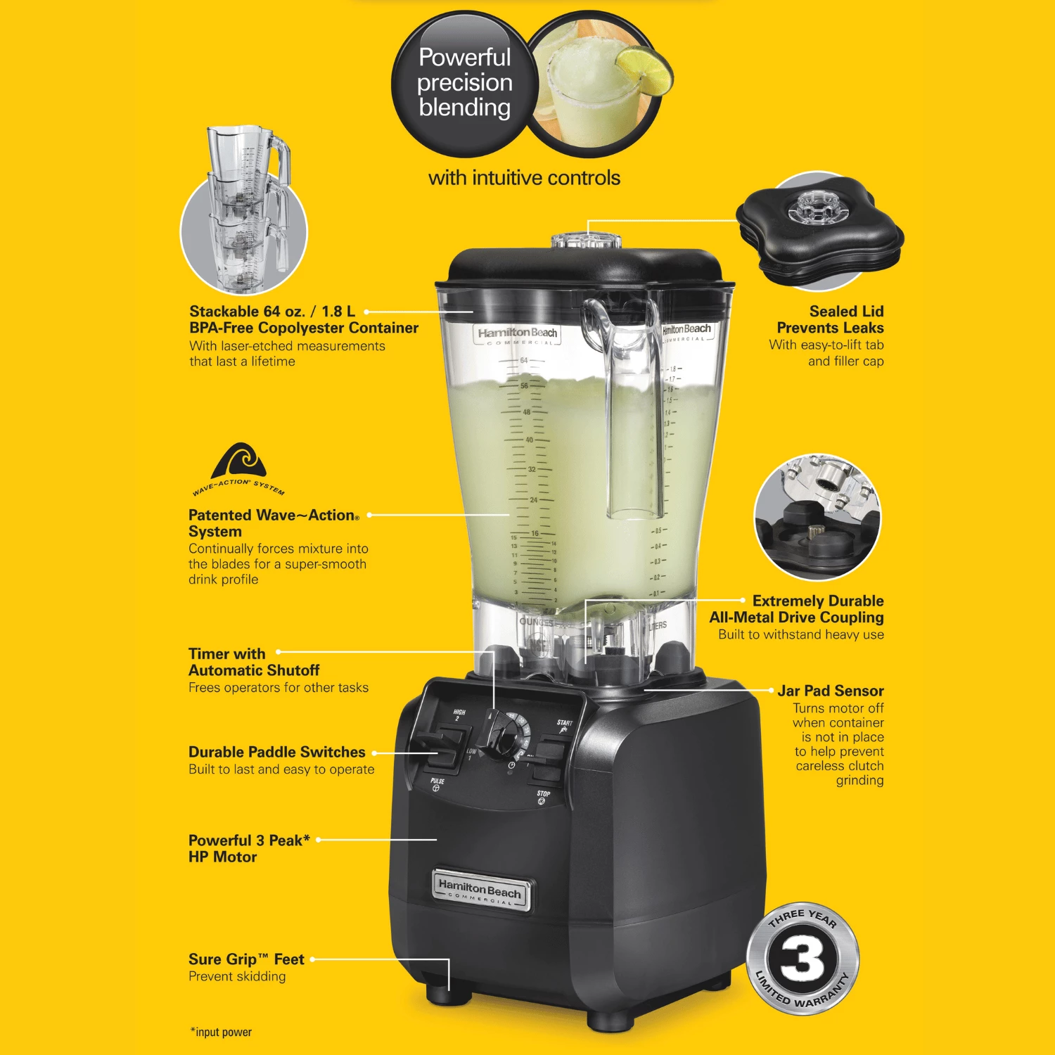 Blender performancë e lartë, Hamilton Beach Commercial Fury, 1.8 L, motor 3 HP, kohëmatës me fikje automatike, kavanoz BPA-free copoliester, 178x203x457 mm, e zezë