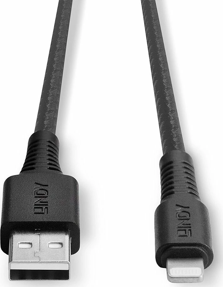 Kabllo USB-A në Lightning Lindy 31290, 0.5 m, e përforcuar, e zezë