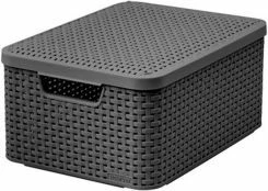 Shportë ruajtjeje Curver Rattan Style M, me kapak, 386 x 287 x 170 mm, gri e errët