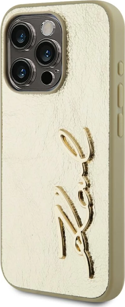 Mbështjellës Karl Lagerfeld Wrinkled Metal Signature për iPhone 15 Pro Max, Gold