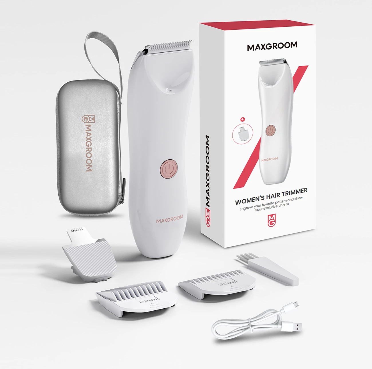 Makinë rroje MAXGROOM M-9082 (RFCD-9082) 2-në-1 për trup dhe fytyrë, 600mAh, USB-C, IPX7, dritë LED, set me koka zëvendësuese/krehra/kabllo, e bardhë