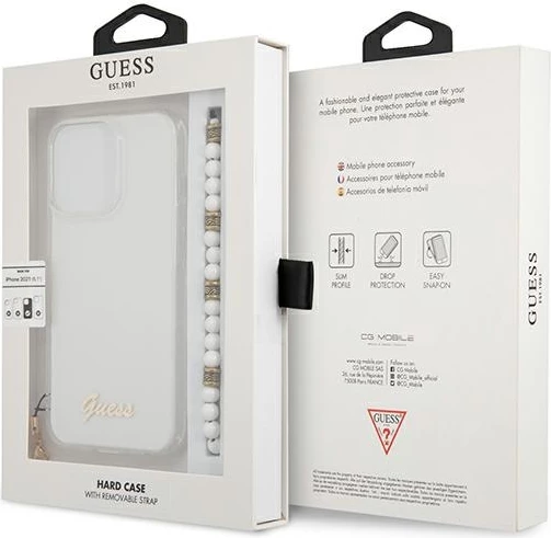 Mbështjellës Guess GUHCP13LKPSWH për iPhone 13/13 Pro 6.1", Transparent, me varëse perlë