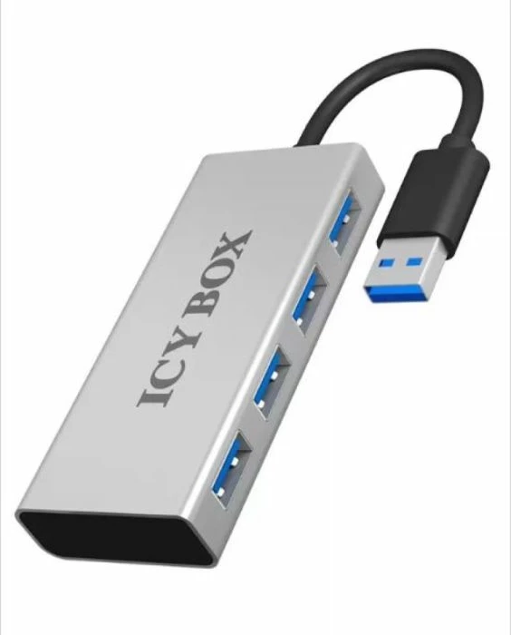 Hub USB-A 3.0 ICYBOX IB-AC6104 4-port, 5 Gbit/s, kasë alumini, kabllo e integrume, argjendtë