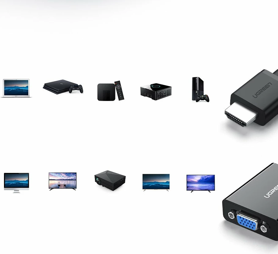 Adapter HDMI në VGA Ugreen 40248, me micro USB dhe audio 3.5mm, Zi