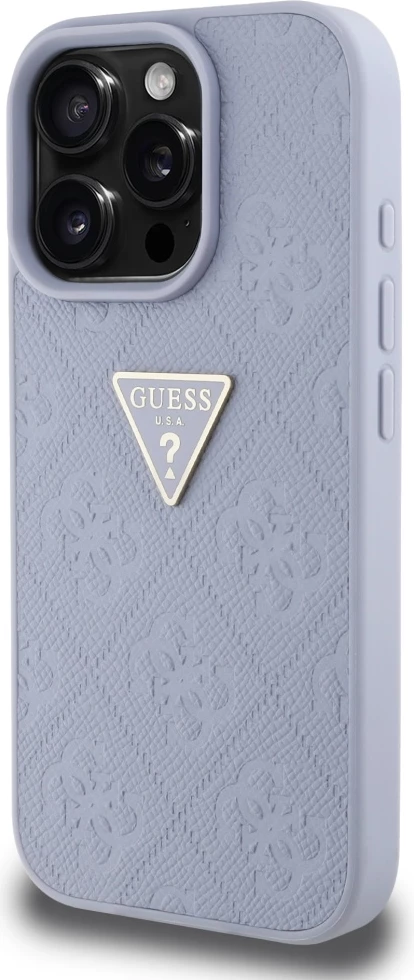 Mbështjellës Guess Hot Stamp 4G Pattern Triangle Metal Logo për iPhone 16 Pro, Vjollcë