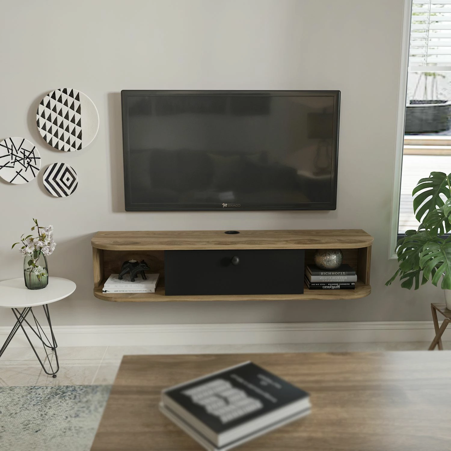 Komodë TV Skye Decor, ngjyrë e zezë dhe lisi Oud, Ibarra