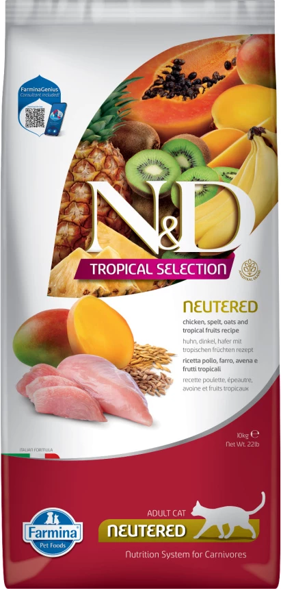 N&D Zgjedhja Tropikale Mëngjesi me Pulë dhe Fruta Tropikale për Macet e Sterilizuar 10kg