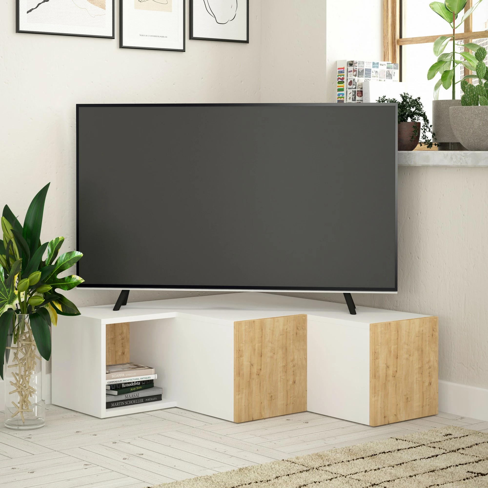 Komodë TV Skye Decor, kompakte, e bardhë dhe lis
