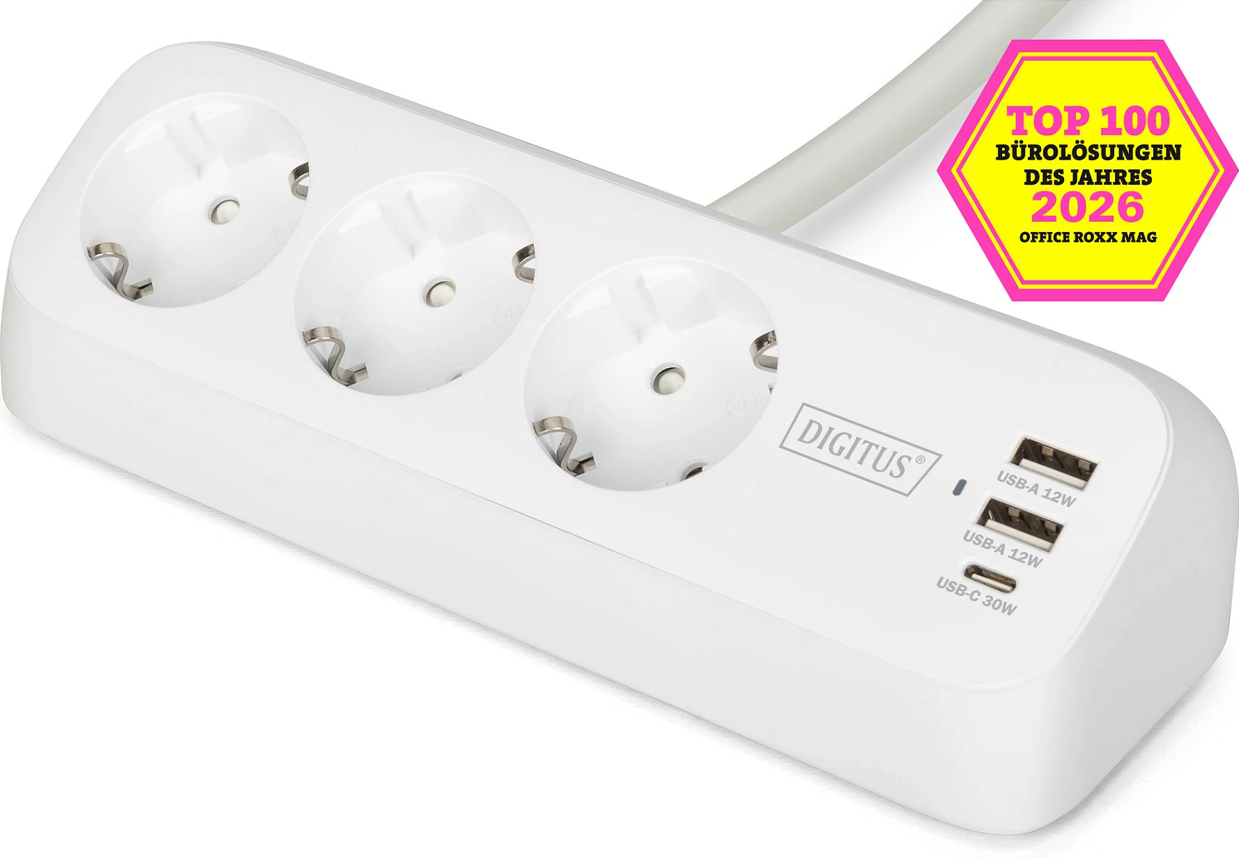 Zgjatues rryme Digitus, 3 prizë Schuko, 2x USB-A 12W + 1x USB-C 30W, kabllo 1.5m, i bardhë