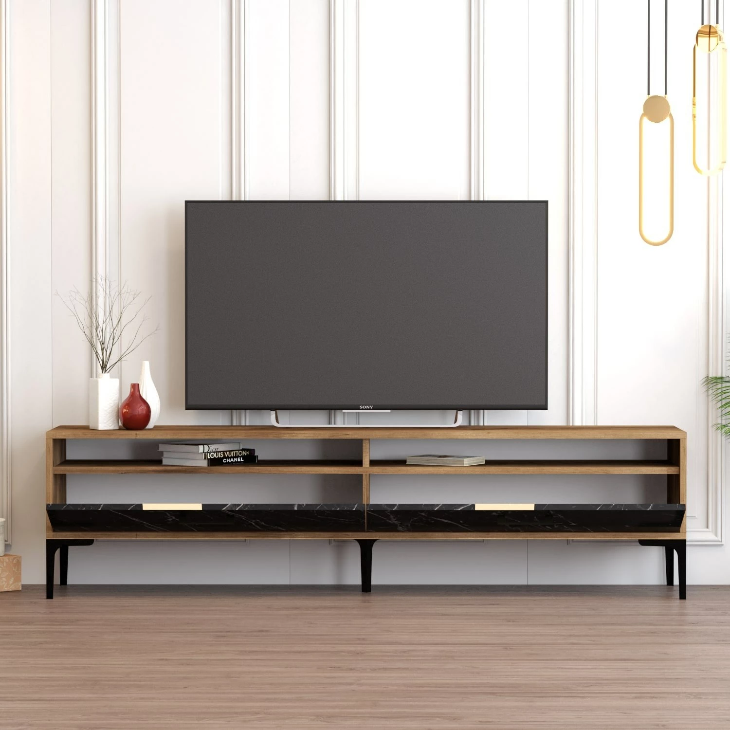 Komodë TV Hanah Home, Istanbul 2, ngjyrë arre dhe mermer i zi