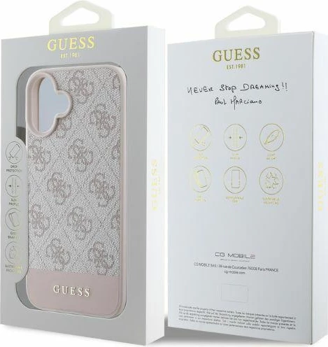 Mbështjellës Guess 4G Bottom Stripe për iPhone 16 6.1", hardcase TPU/PC/eko-lëkurë, rozë