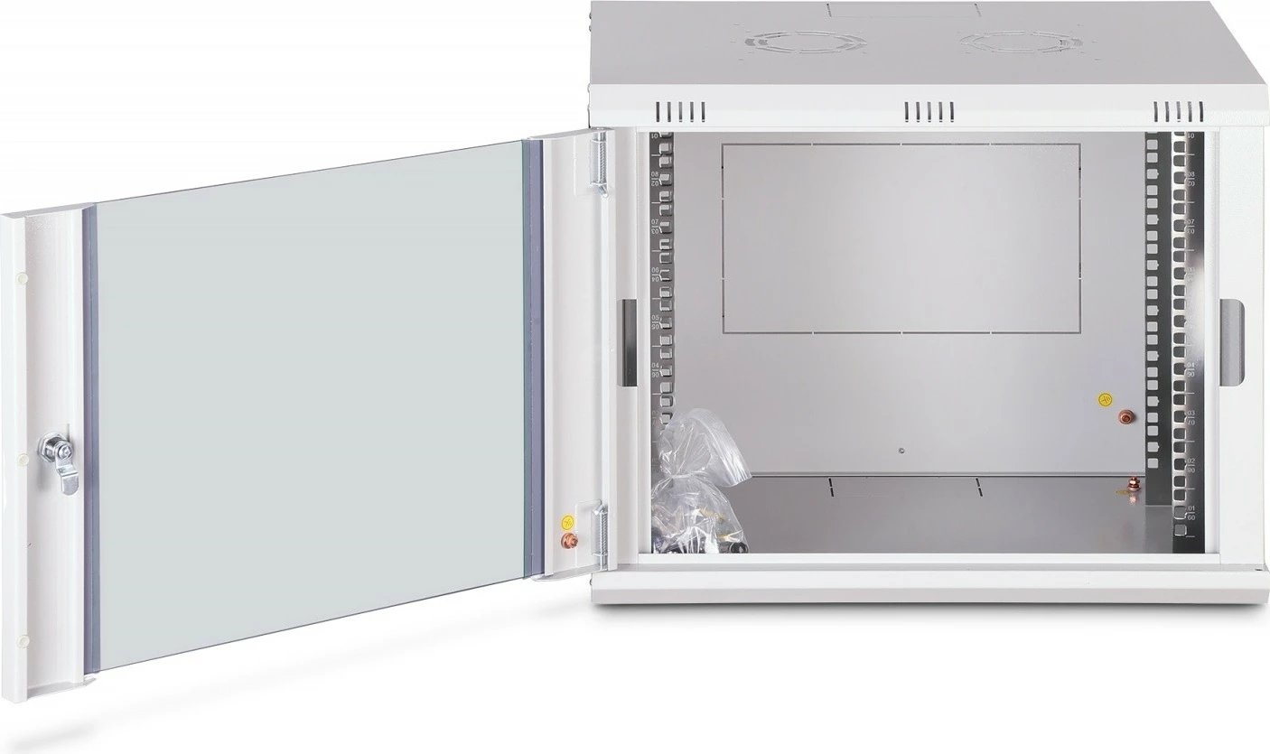 Kabinet rrjeti muror 19" 9U, Digitus, DN-37104, 474×600×450 mm, derë xhami, IP20, kapacitet ngarkese 60 kg, i pambledhur, gri