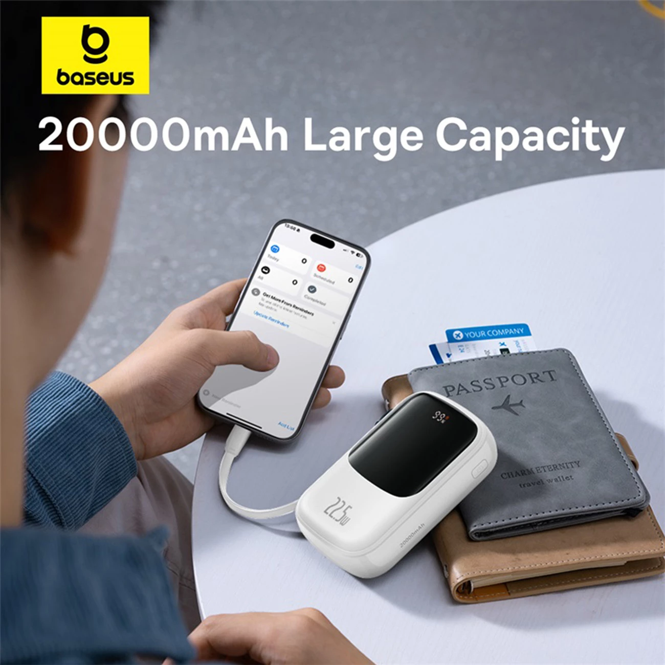 Powerbank Baseus QPow Pro+ 20000mAh me display, 22.5W, kabllo USB-C e integruar, Bardhë
