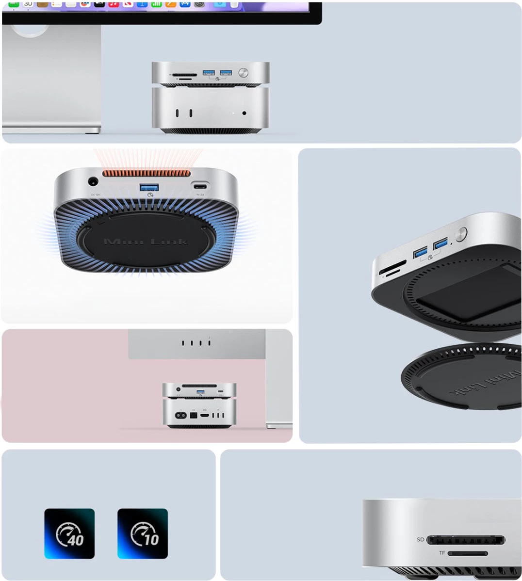 Docking station, Orico MiniLink, 9-në-1 me bay M.2 SSD NVMe, USB-C, për Mac mini/PC, argjendtë