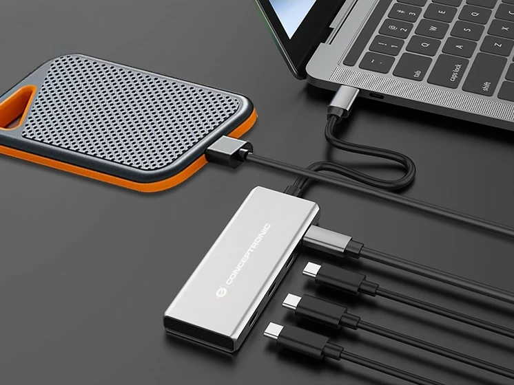 Dock USB-C Conceptronic 4-1, 3x USB-C, 100W PD, 25cm, gri