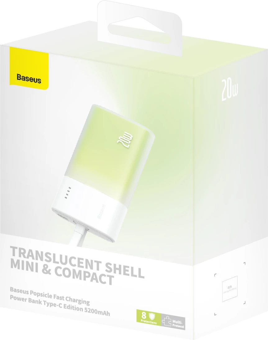 Powerbank Baseus Popsicle 5200mAh, 20W, me kabllo Lightning të integruar + kabllo USB-C në USB-C 60W, Bardhë-Gjelbër