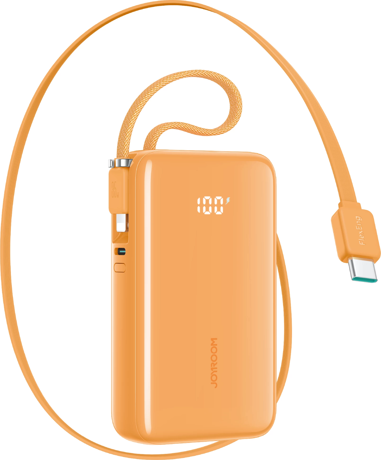 Powerbank Joyroom JR-PR2 10000mAh 35W me kabllo të integrume USB-C dhe Lightning, portokalli