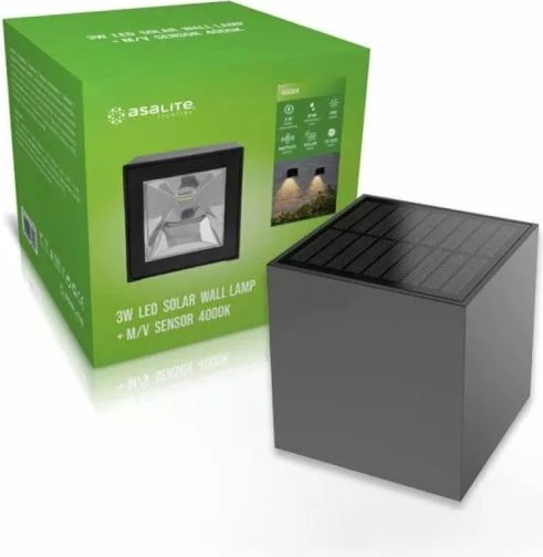 Llambë muri solare LED Asalite ASAL0283 3W 200 lm 4000K IP44 me sensor microwave 100x100 mm, e zezë, 1 copë