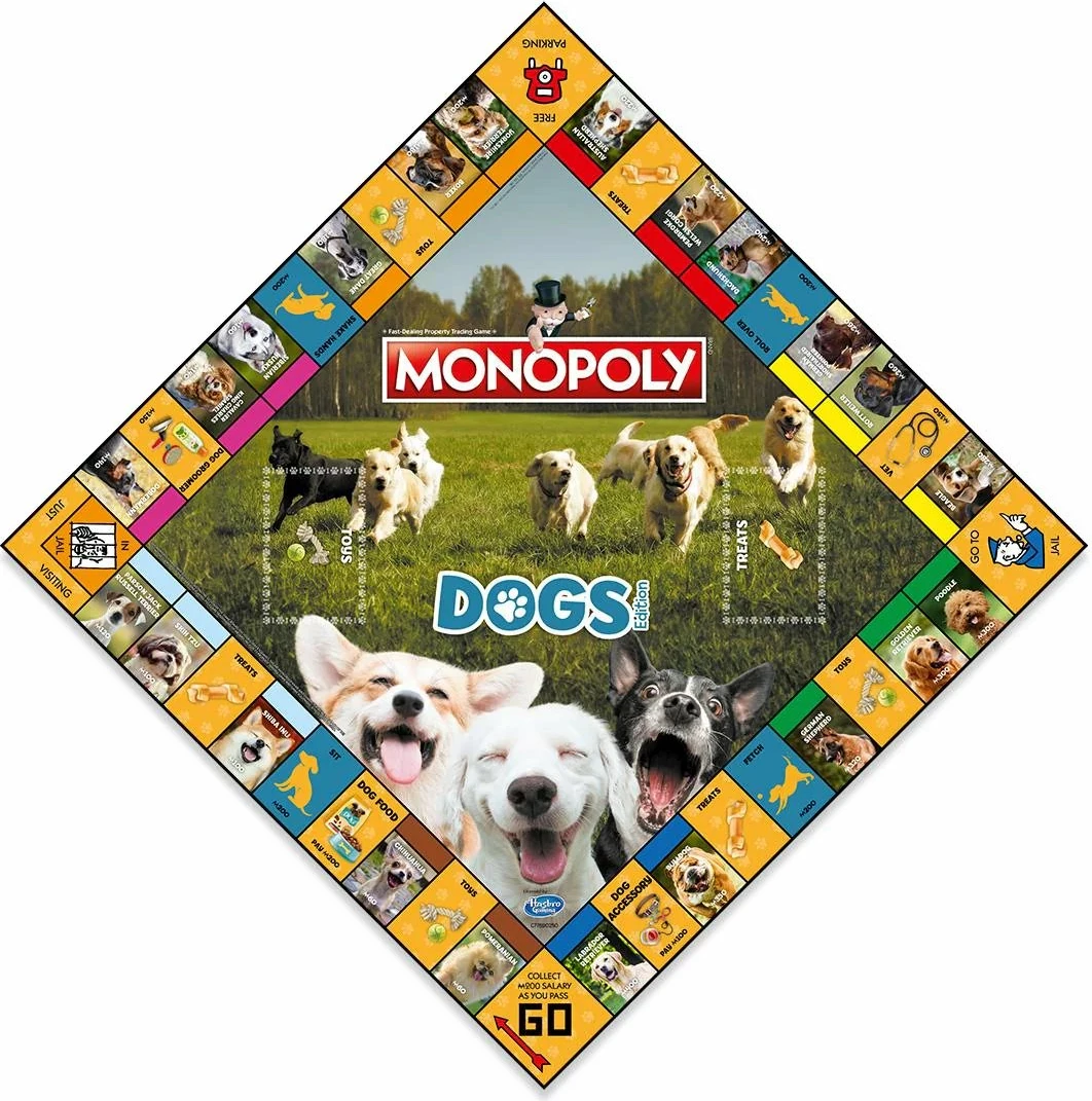 Lojë tavoline Winning Moves Monopoly Dogs Edition, 2-6 lojtarë, 8+, anglisht, me 6 figura metalike