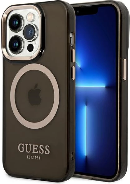 Mbështjellës Guess GUHMP14LHTCMK për iPhone 14 Pro 6.1", i fortë, MagSafe, i zi/me të arta
