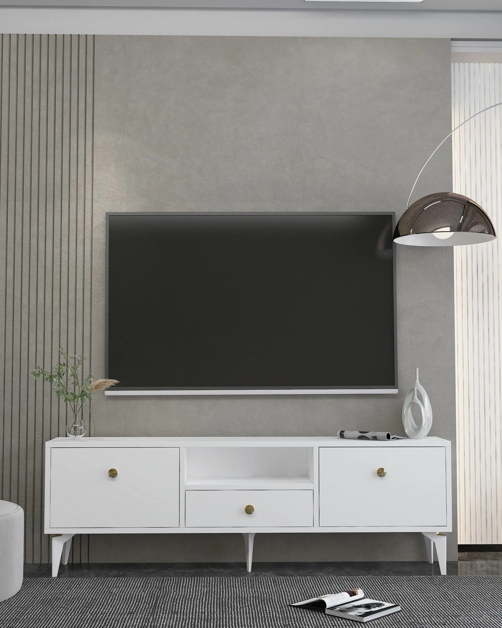Komodë TV Skye Decor, 1300-DROP-1, e bardhë dhe ari