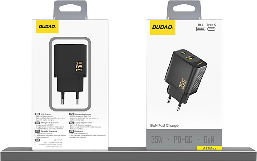 Karikues muri GaN, Dudao A27 MaxC, 35W, 2 porta (USB-C + USB-A), PD, prizë EU, pa kabllo, i zi