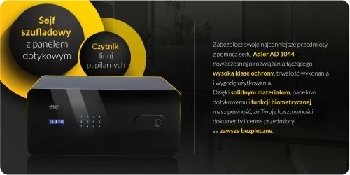 Kasafortë sirtar Adler AD 1044, 17 L, touch panel, kod + fingerprint + çelës emergjent, e zezë, set me 2 çelësa