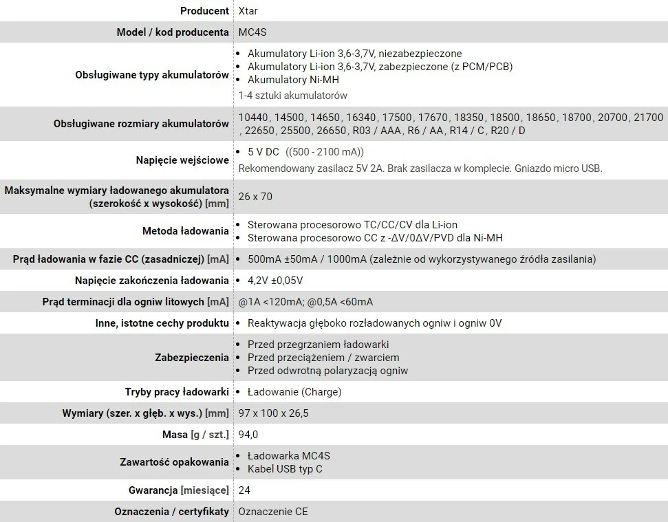 Karikues baterish XTAR MC4S, për bateri cilindrike Li-ion 18650/NiMH, i zi