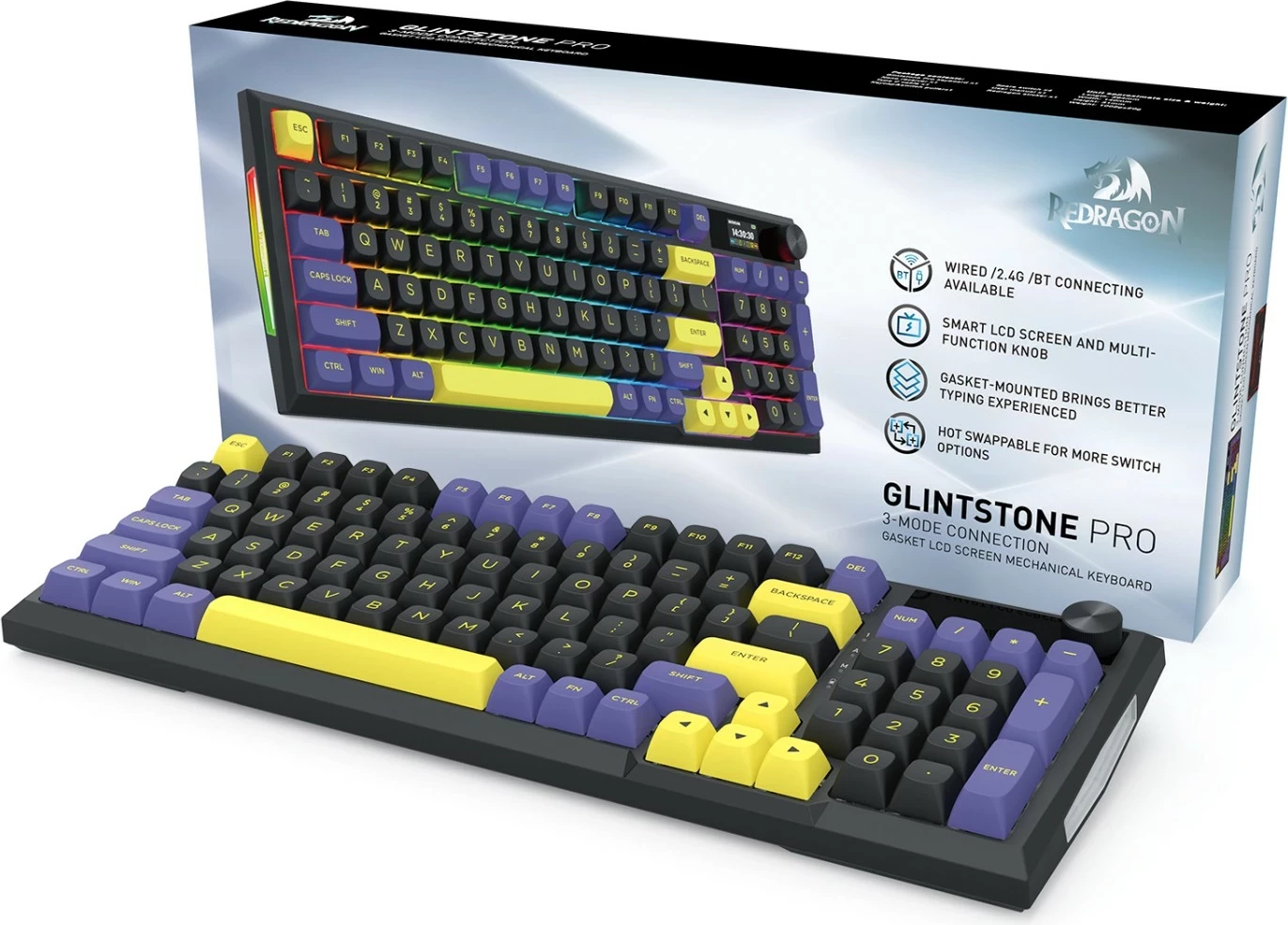 Tastierë gaming Redragon Glintstone K725LBY-RGB-PRO, mekanike 96%, wireless/wired, RGB, e zezë