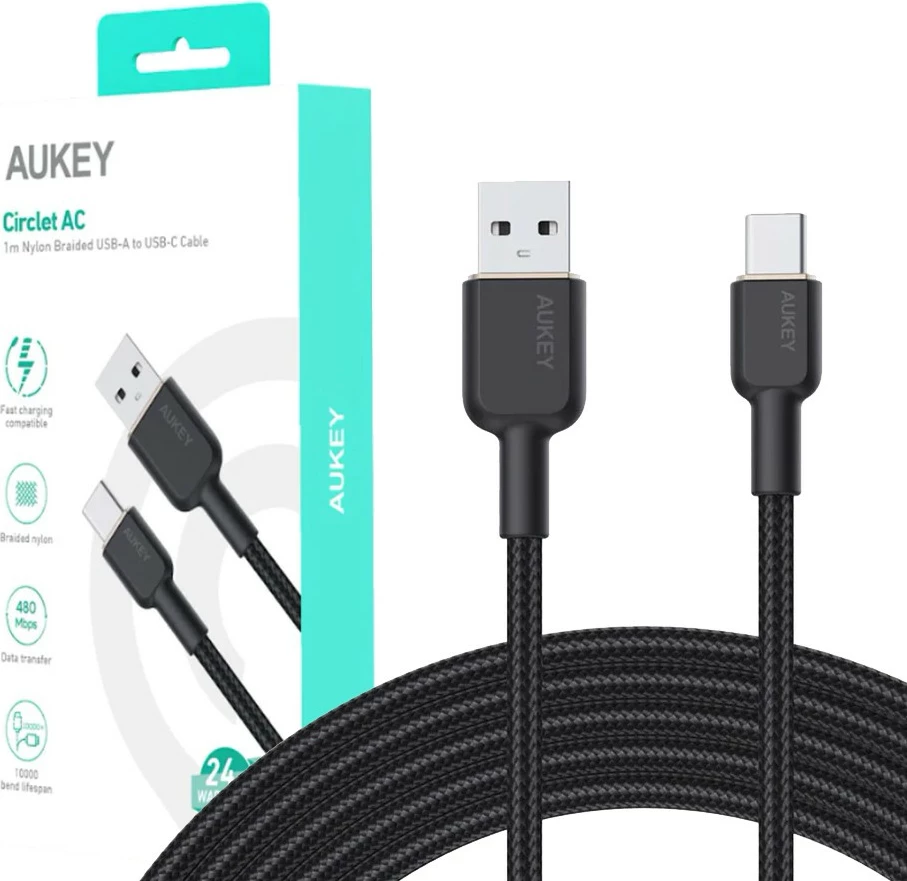 Kabllo AUKEY CB-NAC1, USB Type-A në USB Type-C, 1m, 60W, najlon, e zezë